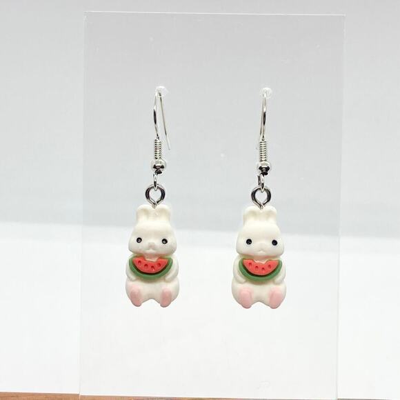 Polymer Bunny Rabbit and Watermelon Dangle Earring Pair - Picture 2 of 10